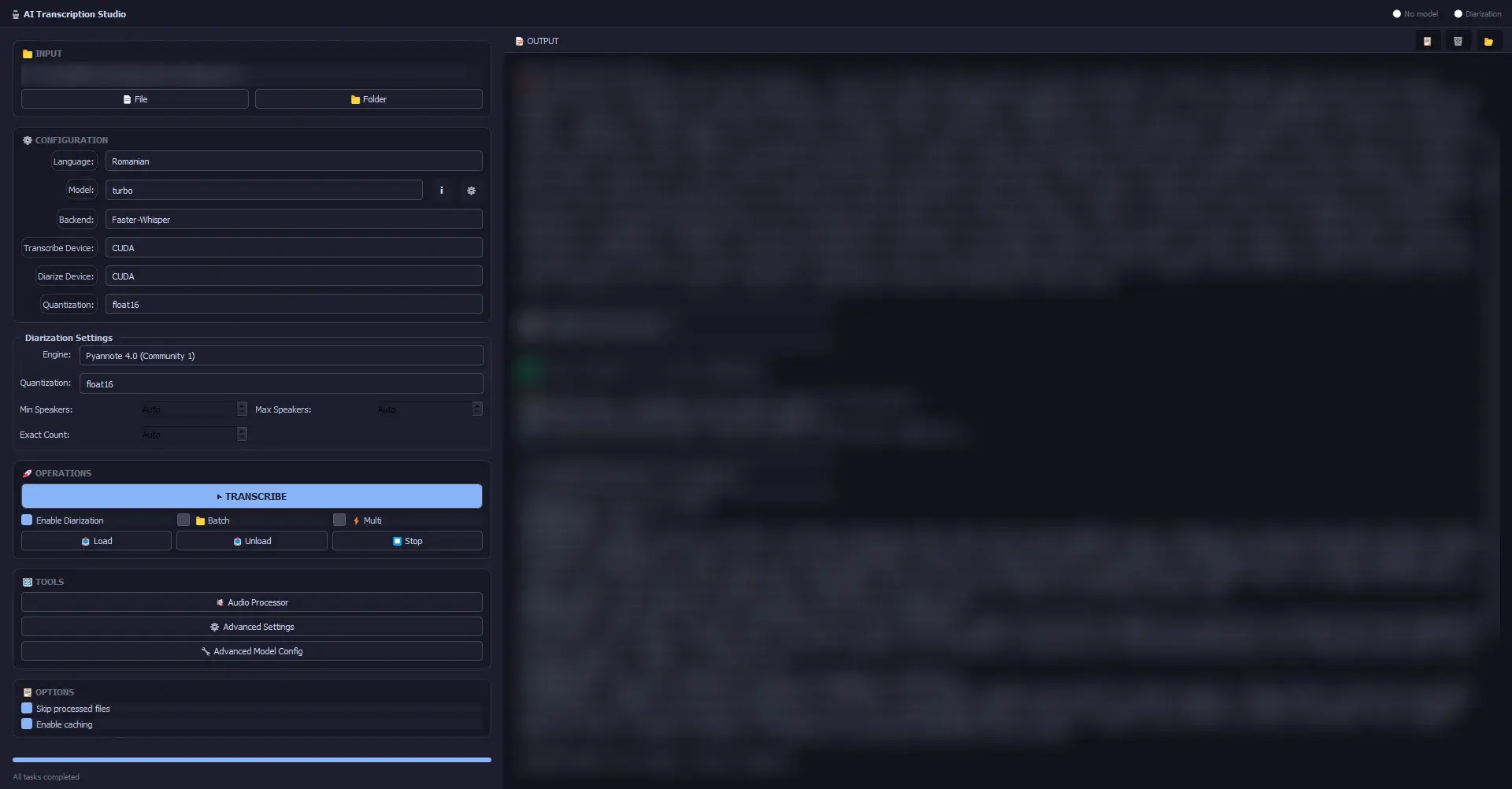 The transcription studio: engine, device and diarization settings on the left, output on the right (blurred for privacy)