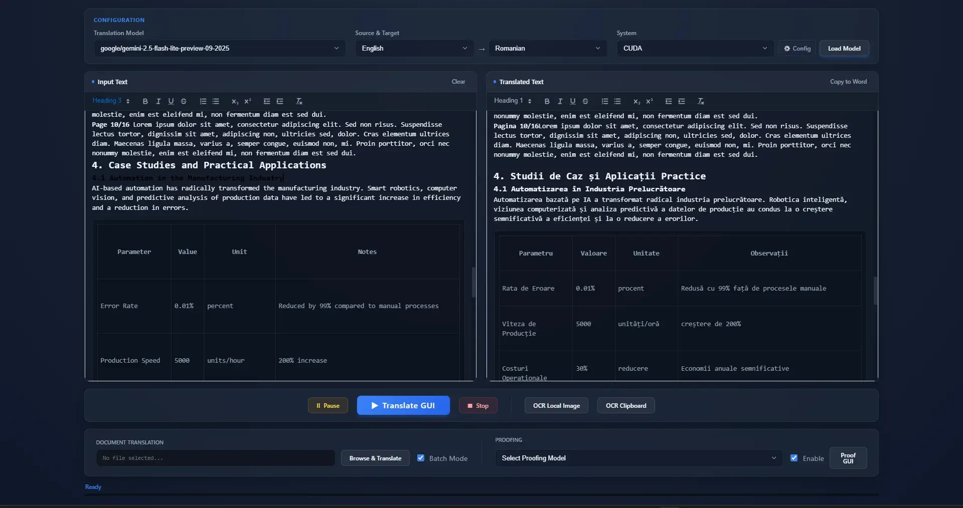 The translator: model, language and device settings above two rich-text panes, with document, OCR and proofreading controls below