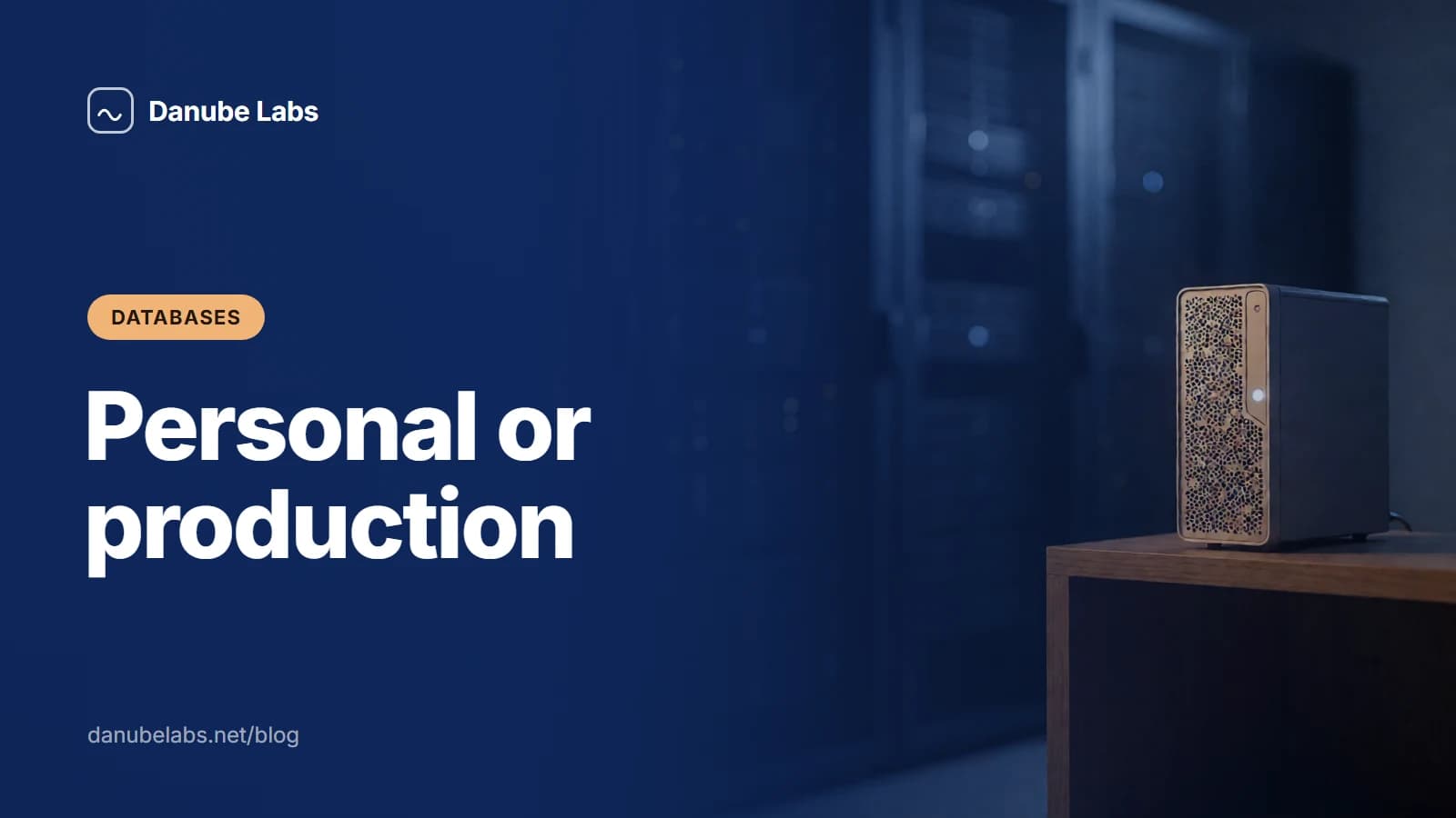 A database server rack beside a single small machine, illustrating the gap between personal and production self-hosting