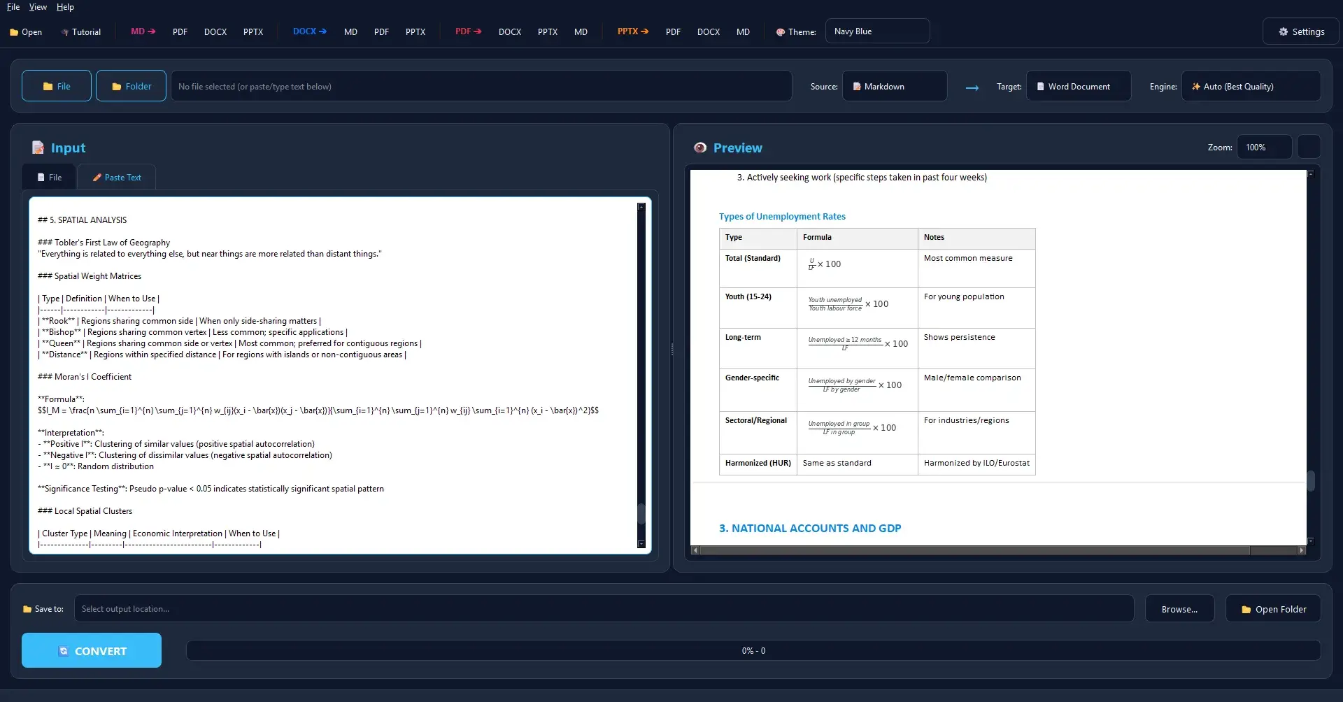 The desktop converter: Markdown input on the left, a live Word preview with tables and formulas on the right