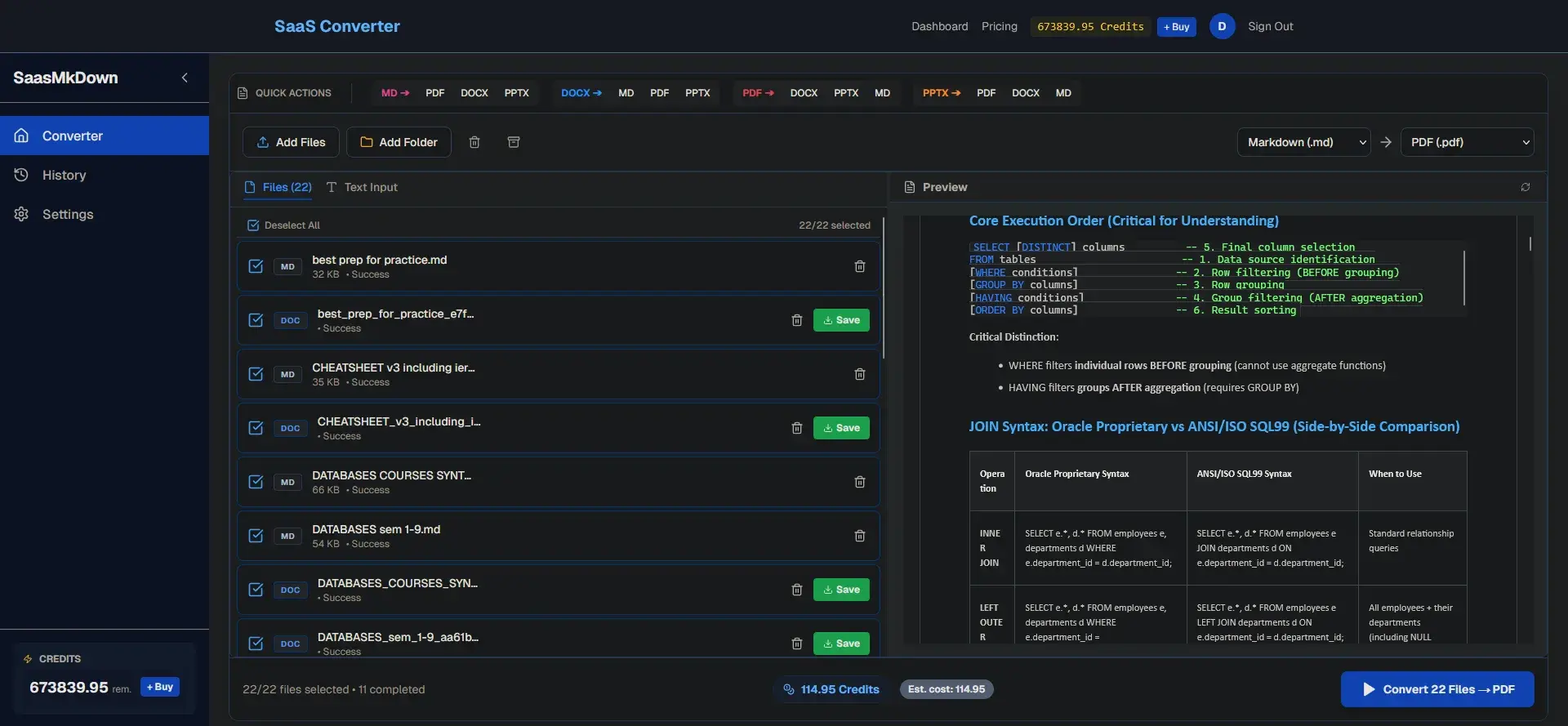 The web version: batch upload, conversion history and credits