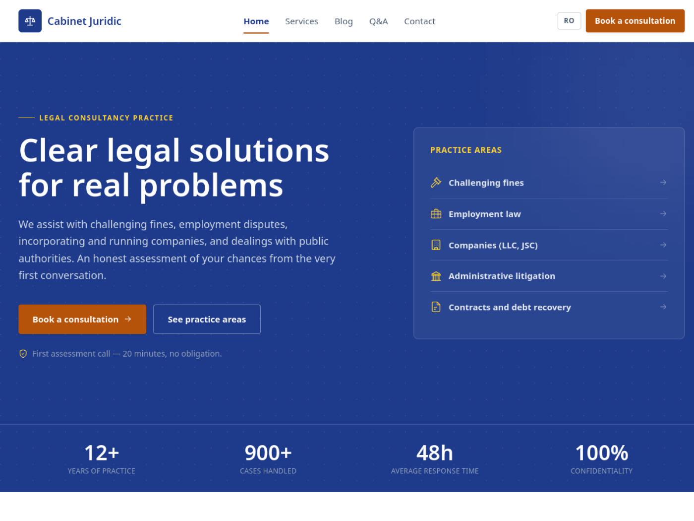 Homepage of the law firm website showing the hero and practice areas