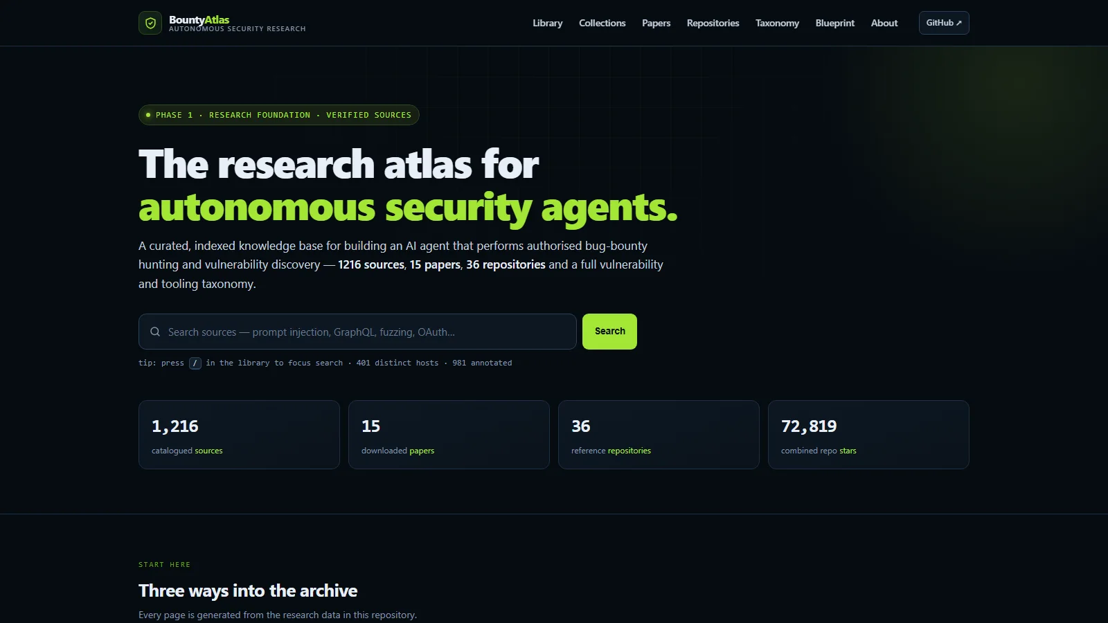 Pagina principală Bounty Atlas, cu câmpul de căutare și numărul de surse