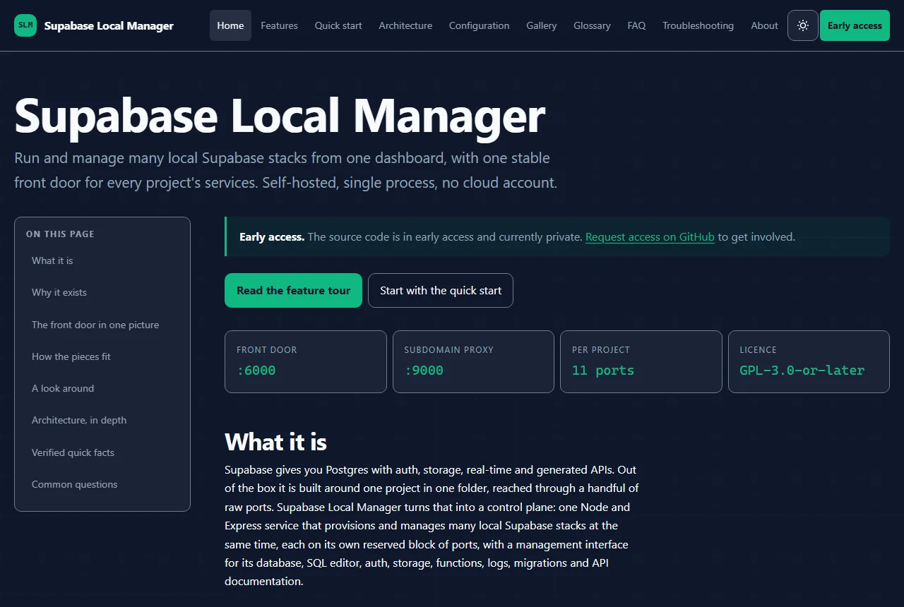 Site-ul Supabase Local Manager, cu anunțul de acces timpuriu și rezumatul porturilor