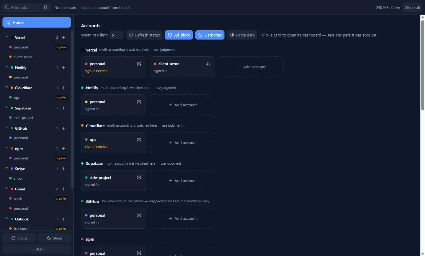 The app's home screen: an account rail on the left and every account as a card, grouped by service