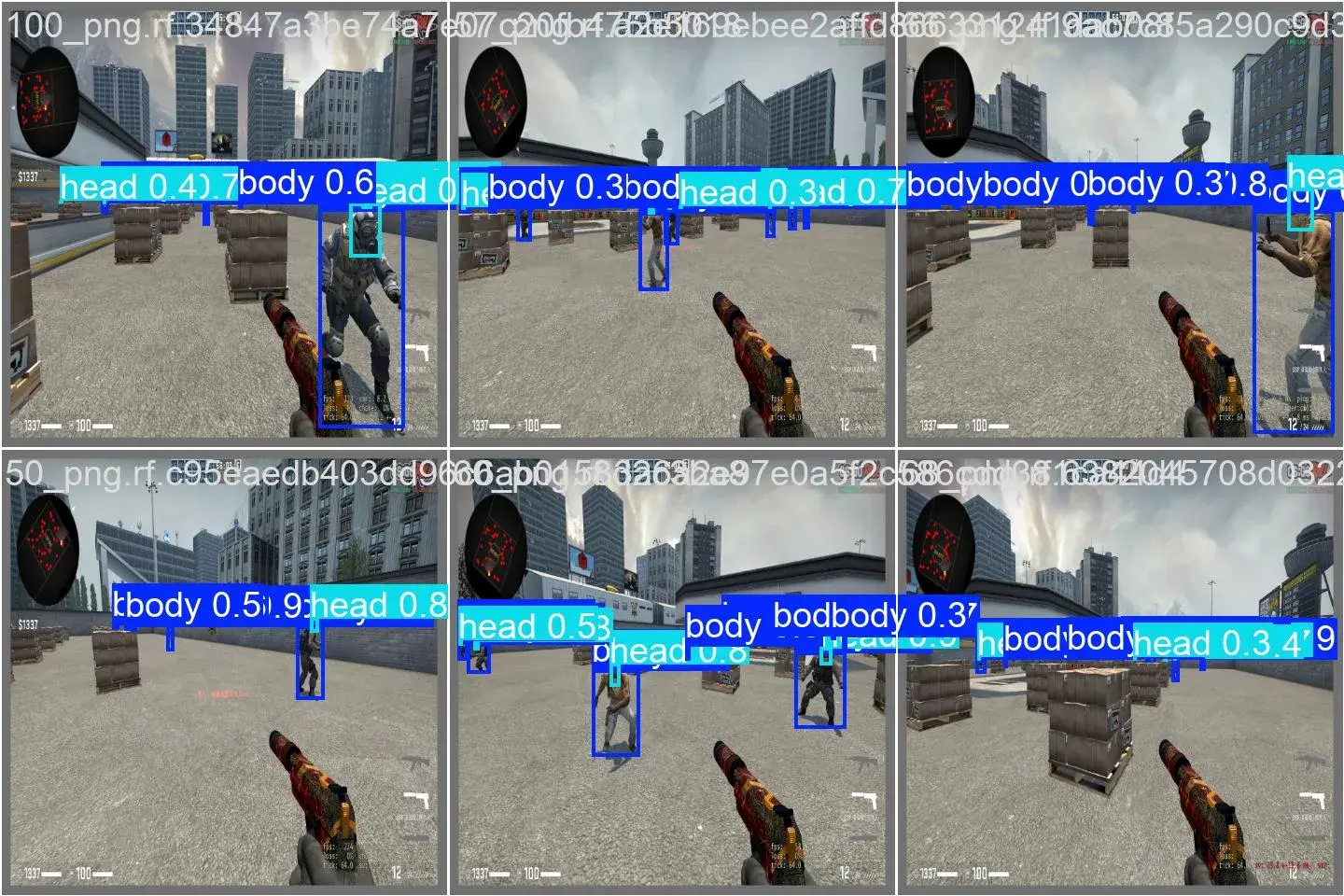 Validation images with the model's head and body detections and confidence scores