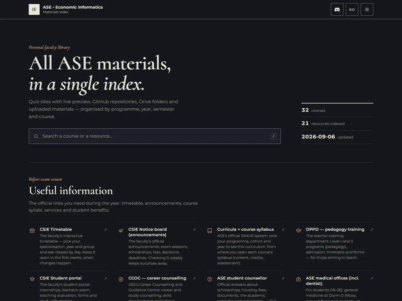 Homepage of the ASE Economic Informatics materials index, with search and course statistics