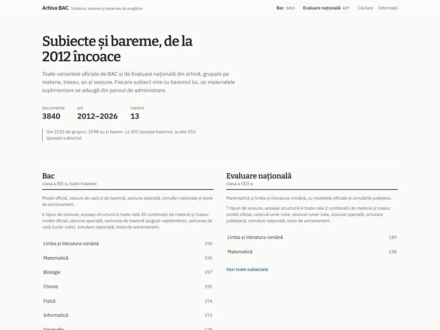 Homepage of the BAC archive: 3,840 documents from 2012 to 2026 across 13 subjects