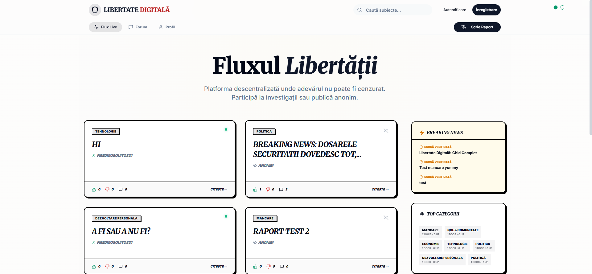 Homepage of the Libertate Digitală platform showing the live investigations feed