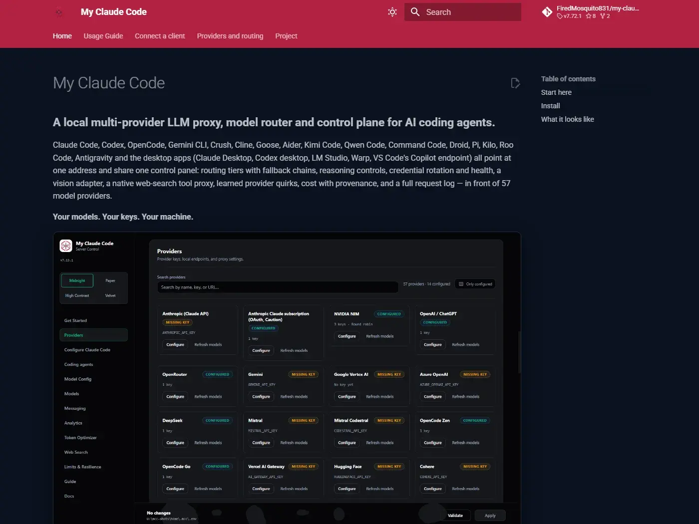The My Claude Code documentation site, with the providers dashboard