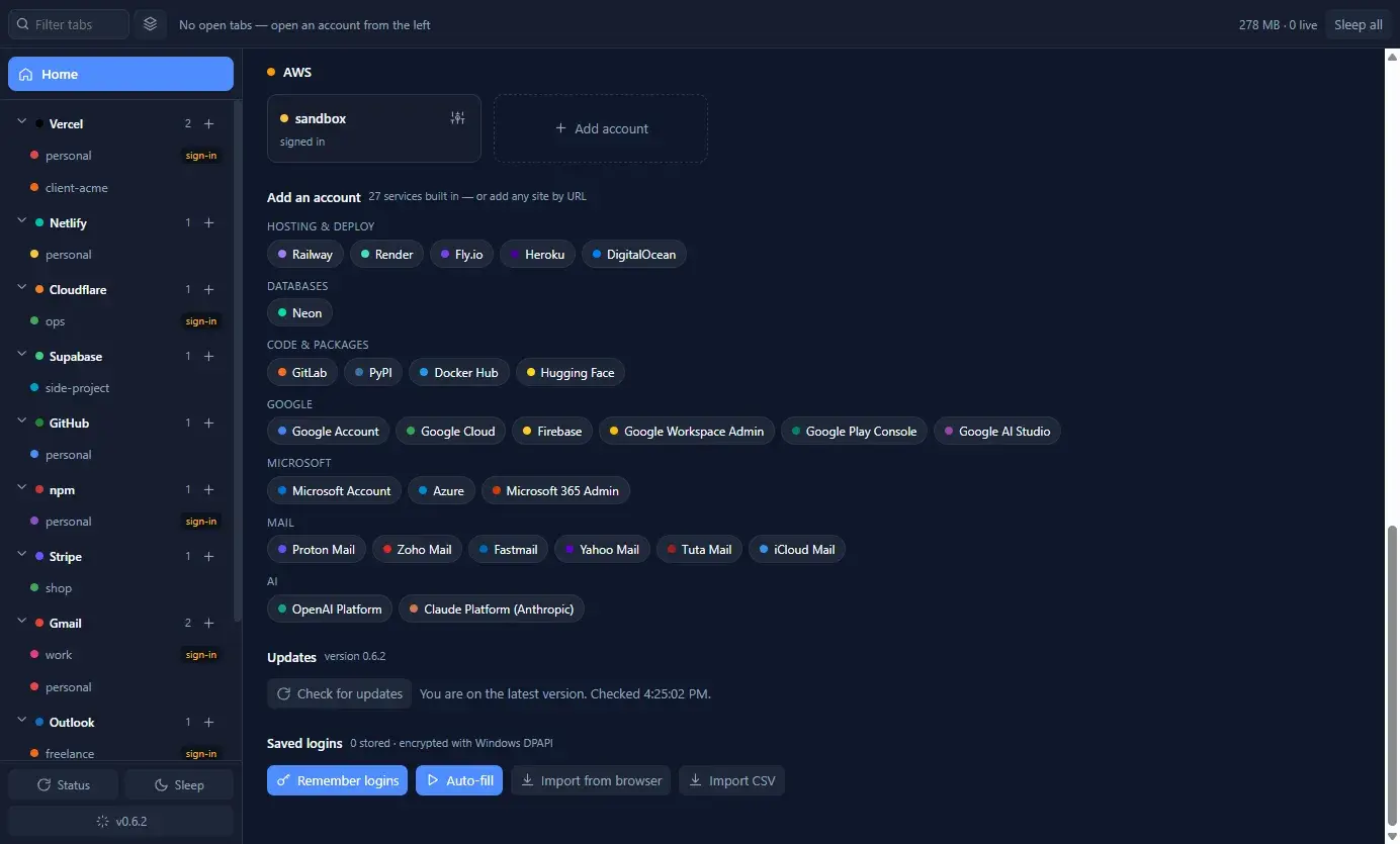 The service picker grouped by category, with the updates panel